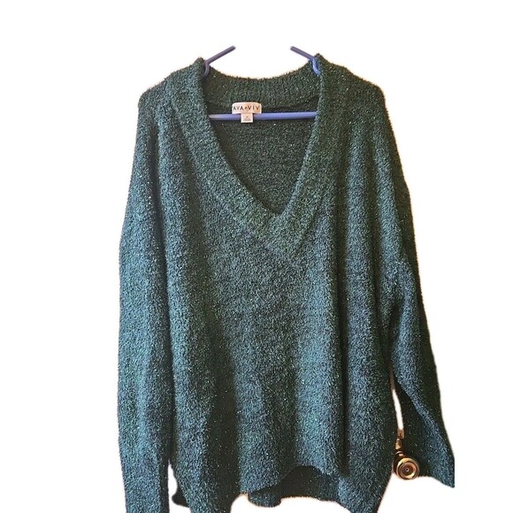 Ava & Viv Womens Plus Size 2X Pullover V Neck Christmas Metallic Sweater Green - Picture 1 of 7